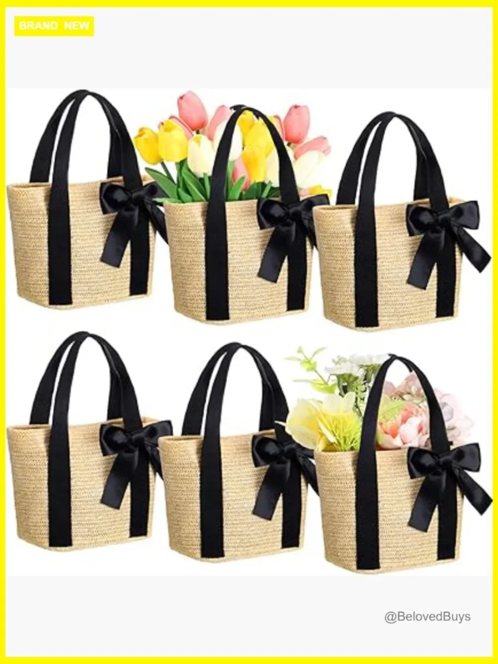 Set of 6 Woven Tote Bags with Handles Reusable Beach Bags for Bachelorette Party